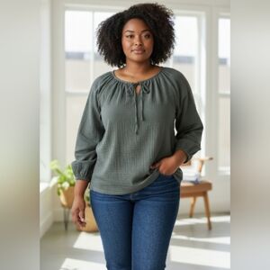 Ann Taylor Loft Women's Loose Gauzy Olive Green Top Size Large Tie Neck Blouse